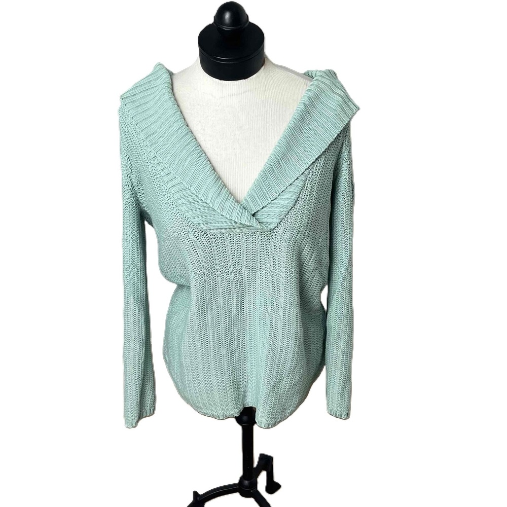 Tommy Bahama Aqua V Neck Ribbed Cuffs Silk Cotton Blend‎ Crochet Sweater Medium